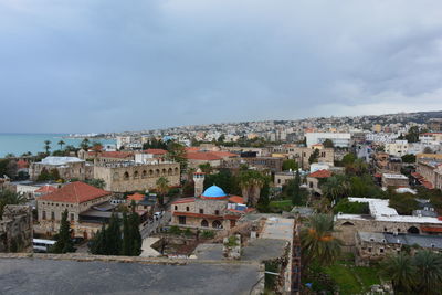 High angle shot of townscape against sky