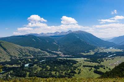 Scenic view of mountain range against cloudy sky