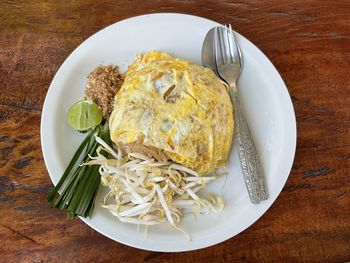 High angle view of breakfast served on table