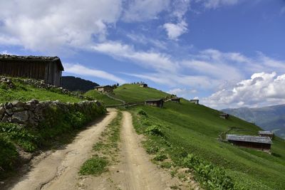 Road amidst green landscape against sky