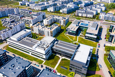 High angle view of buildings in city
