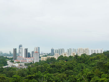 Trees and buildings in city against sky