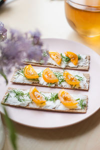 High angle view of breakfast served on table