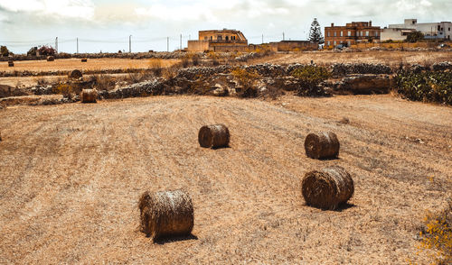 Hill with terraced fields for agriculture with straw bales