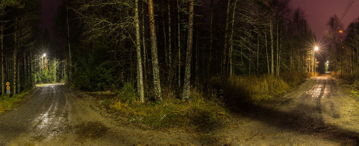 Panoramic view of illuminated roads amidst trees at night