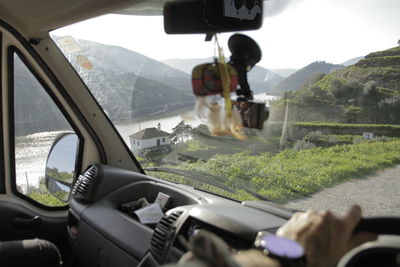 Rear view of man driving car on road against sky