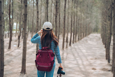 Rear view of woman walking on footpath amidst trees in forest