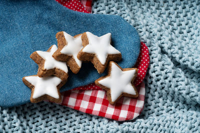 High angle view of cookies on table