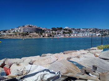 Scenic view of sea against clear blue sky