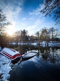 Boat in lake against sky