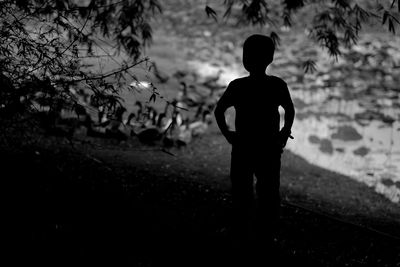 Rear view of silhouette boy standing on field