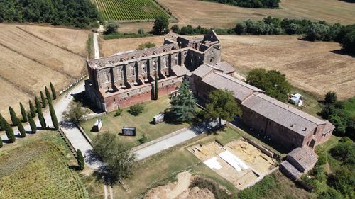 High angle view of buildings in village