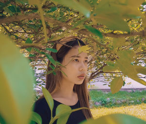 Young woman looking away seen through plants