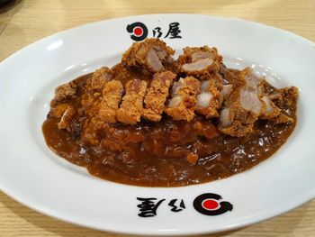 High angle view of food in plate on table