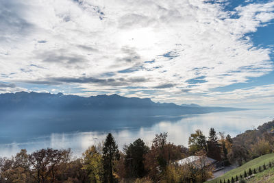 Panoramic view of lake geneva from mont pelerin, switzerland. travel concept