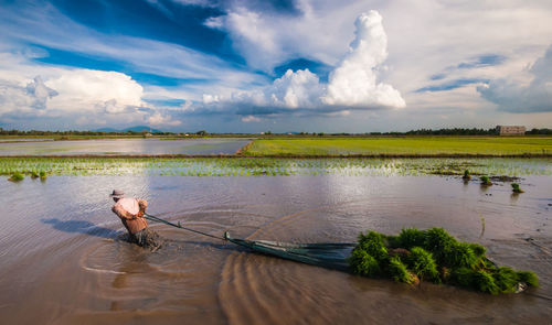 Man working in lake against sky