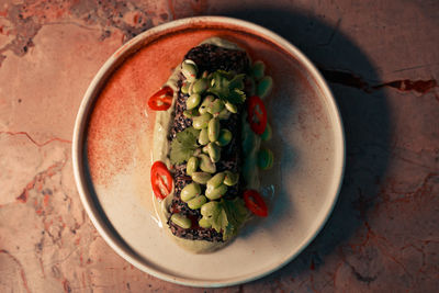 High angle view of food in bowl on table