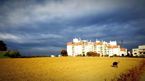 Buildings on field against sky