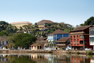 Houses by lake and buildings against clear sky