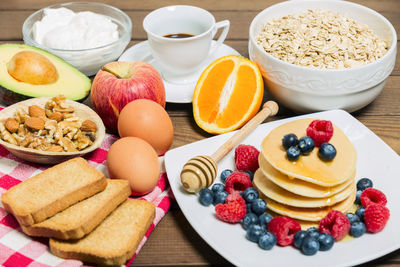 High angle view of breakfast on table