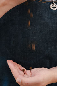 Close-up of hand holding black leaf
