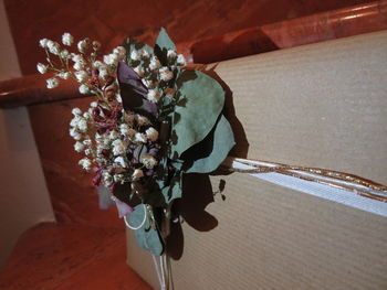 High angle view of flower vase on table