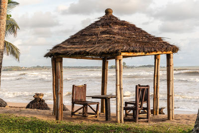 Lifeguard hut on beach against sky