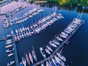 Aerial view of boats moored at harbor