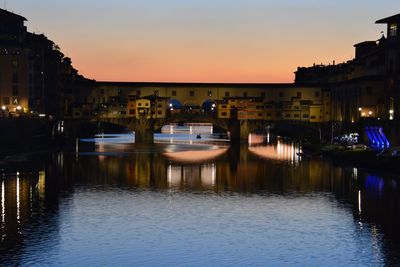 Illuminated buildings by river against sky at sunset