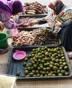 High angle view of fruits for sale at market stall