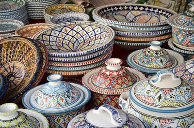 Close-up of decorative ceramic bowls for sale in market