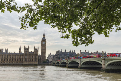 Bridge over river with buildings in background