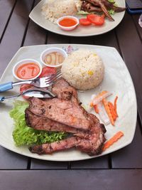 High angle view of food in plate on table