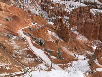 High angle view of rock formations in winter