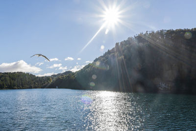 Scenic view of lake against sky on sunny day