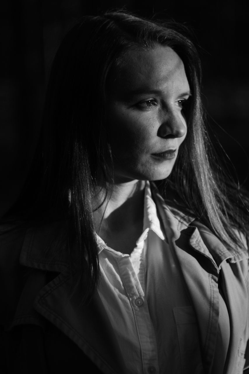 black, one person, black and white, long hair, women, darkness, adult, portrait, monochrome, monochrome photography, hairstyle, looking, sadness, young adult, white, contemplation, emotion, person, female, headshot, dark, looking away, serious, depression - sadness, lifestyles, indoors, portrait photography, loneliness