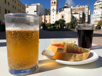 Close-up of beer in glass on table