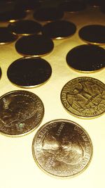 Close-up of coins on table