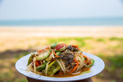 Close-up of food served on beach