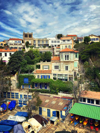 High angle view of townscape against sky