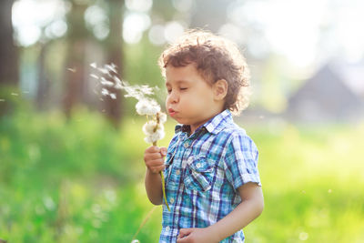 Cute boy standing with fluffy dandelion 