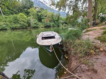 Boat floating on lake in forest