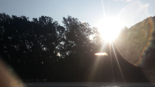 Sun shining through trees against clear sky