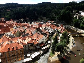 High angle view of townscape and road in town