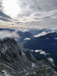 Aerial view of snowcapped mountains against sky