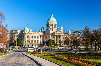 View of historic building against clear blue sky