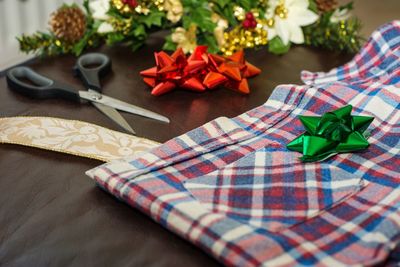 Close-up of christmas decorations on table