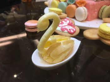 High angle view of dessert on table