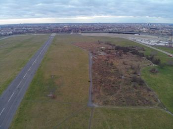 High angle view of airport runway against sky