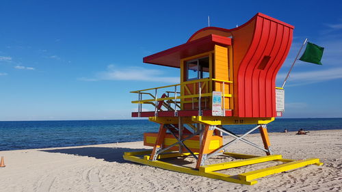 Lifeguard hut on beach against sky